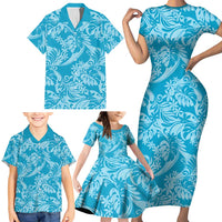 Tahiti Ninamu Tiare Floral Family Matching Short Sleeve Bodycon Dress and Hawaiian Shirt Monstera Palm Tropical Leaves - Polynesian Pride
