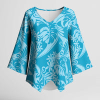 Tahiti Ninamu Tiare Floral Kimono Sleeve Blouse Monstera Palm Tropical Leaves LT01 Female Blue - Polynesian Pride