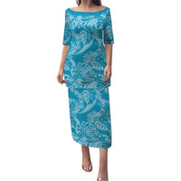 Tahiti Ninamu Tiare Floral Puletasi Monstera Palm Tropical Leaves LT01 Long Dress Blue - Polynesian Pride