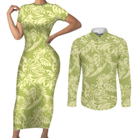 Tahiti Olive Tiare Floral Couples Matching Short Sleeve Bodycon Dress and Long Sleeve Button Shirt Monstera Palm Tropical Leaves - Polynesian Pride
