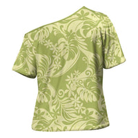 Tahiti Olive Tiare Floral Cross Shoulder Shirt Monstera Palm Tropical Leaves LT01 - Polynesian Pride