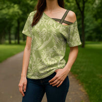 Tahiti Olive Tiare Floral Cross Shoulder Shirt Monstera Palm Tropical Leaves LT01 - Polynesian Pride