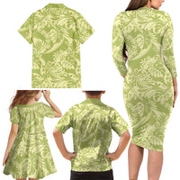 Tahiti Olive Tiare Floral Family Matching Long Sleeve Bodycon Dress and Hawaiian Shirt Monstera Palm Tropical Leaves - Polynesian Pride