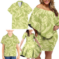 Tahiti Olive Tiare Floral Family Matching Off Shoulder Short Dress and Hawaiian Shirt Monstera Palm Tropical Leaves - Polynesian Pride