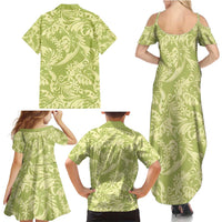 Tahiti Olive Tiare Floral Family Matching Summer Maxi Dress and Hawaiian Shirt Monstera Palm Tropical Leaves - Polynesian Pride