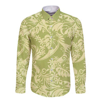 Tahiti Olive Tiare Floral Long Sleeve Button Shirt Monstera Palm Tropical Leaves LT01 Unisex Olive - Polynesian Pride
