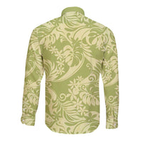 Tahiti Olive Tiare Floral Long Sleeve Button Shirt Monstera Palm Tropical Leaves LT01 - Polynesian Pride
