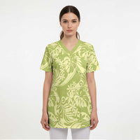Tahiti Olive Tiare Floral Scrub Top Monstera Palm Tropical Leaves LT01 - Polynesian Pride