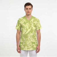 Tahiti Olive Tiare Floral Scrub Top Monstera Palm Tropical Leaves LT01 - Polynesian Pride