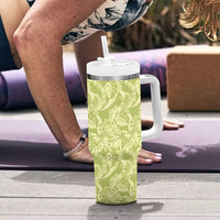 Tahiti Olive Tiare Floral Tumbler With Handle Monstera Palm Tropical Leaves - Polynesian Pride