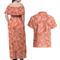 Tahiti Puatou Tiare Floral Couples Matching Off Shoulder Maxi Dress and Hawaiian Shirt Monstera Palm Tropical Leaves - Polynesian Pride