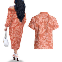 Tahiti Puatou Tiare Floral Couples Matching Off The Shoulder Long Sleeve Dress and Hawaiian Shirt Monstera Palm Tropical Leaves - Polynesian Pride