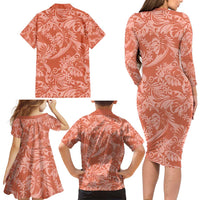 Tahiti Puatou Tiare Floral Family Matching Long Sleeve Bodycon Dress and Hawaiian Shirt Monstera Palm Tropical Leaves - Polynesian Pride