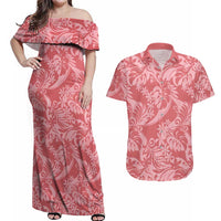 Tahiti Tarona Tiare Floral Couples Matching Off Shoulder Maxi Dress and Hawaiian Shirt Monstera Palm Tropical Leaves - Polynesian Pride