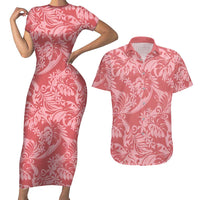 Tahiti Tarona Tiare Floral Couples Matching Short Sleeve Bodycon Dress and Hawaiian Shirt Monstera Palm Tropical Leaves - Polynesian Pride