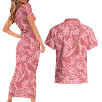 Tahiti Tarona Tiare Floral Couples Matching Short Sleeve Bodycon Dress and Hawaiian Shirt Monstera Palm Tropical Leaves - Polynesian Pride