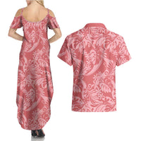 Tahiti Tarona Tiare Floral Couples Matching Summer Maxi Dress and Hawaiian Shirt Monstera Palm Tropical Leaves - Polynesian Pride