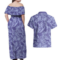 Tahiti Vareau Tiare Floral Couples Matching Off Shoulder Maxi Dress and Hawaiian Shirt Monstera Palm Tropical Leaves - Polynesian Pride