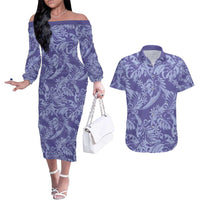 Tahiti Vareau Tiare Floral Couples Matching Off The Shoulder Long Sleeve Dress and Hawaiian Shirt Monstera Palm Tropical Leaves - Polynesian Pride