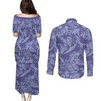 Tahiti Vareau Tiare Floral Couples Matching Puletasi and Long Sleeve Button Shirt Monstera Palm Tropical Leaves - Polynesian Pride