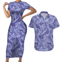 Tahiti Vareau Tiare Floral Couples Matching Short Sleeve Bodycon Dress and Hawaiian Shirt Monstera Palm Tropical Leaves - Polynesian Pride