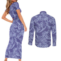 Tahiti Vareau Tiare Floral Couples Matching Short Sleeve Bodycon Dress and Long Sleeve Button Shirt Monstera Palm Tropical Leaves - Polynesian Pride