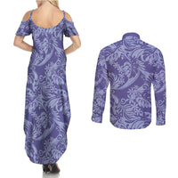 Tahiti Vareau Tiare Floral Couples Matching Summer Maxi Dress and Long Sleeve Button Shirt Monstera Palm Tropical Leaves - Polynesian Pride