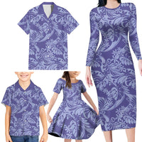 Tahiti Vareau Tiare Floral Family Matching Long Sleeve Bodycon Dress and Hawaiian Shirt Monstera Palm Tropical Leaves - Polynesian Pride
