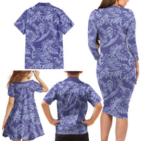 Tahiti Vareau Tiare Floral Family Matching Long Sleeve Bodycon Dress and Hawaiian Shirt Monstera Palm Tropical Leaves - Polynesian Pride