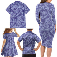 Tahiti Vareau Tiare Floral Family Matching Long Sleeve Bodycon Dress and Hawaiian Shirt Monstera Palm Tropical Leaves - Polynesian Pride