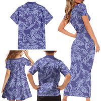 Tahiti Vareau Tiare Floral Family Matching Short Sleeve Bodycon Dress and Hawaiian Shirt Monstera Palm Tropical Leaves - Polynesian Pride