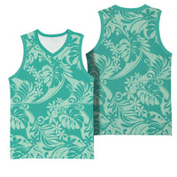 Tahiti Teal Tiare Floral Basketball Jersey Monstera Palm Tropical Leaves - Polynesian Pride