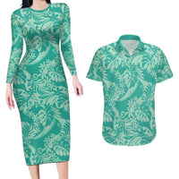 Tahiti Teal Tiare Floral Couples Matching Long Sleeve Bodycon Dress and Hawaiian Shirt Monstera Palm Tropical Leaves - Polynesian Pride