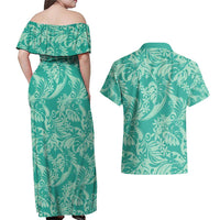 Tahiti Teal Tiare Floral Couples Matching Off Shoulder Maxi Dress and Hawaiian Shirt Monstera Palm Tropical Leaves - Polynesian Pride