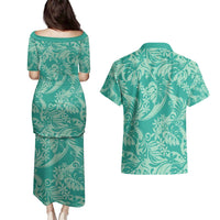Tahiti Teal Tiare Floral Couples Matching Puletasi and Hawaiian Shirt Monstera Palm Tropical Leaves - Polynesian Pride