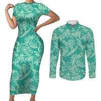 Tahiti Teal Tiare Floral Couples Matching Short Sleeve Bodycon Dress and Long Sleeve Button Shirt Monstera Palm Tropical Leaves - Polynesian Pride