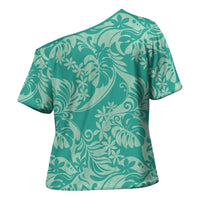 Tahiti Teal Tiare Floral Cross Shoulder Shirt Monstera Palm Tropical Leaves LT01 - Polynesian Pride