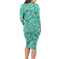 Tahiti Teal Tiare Floral Family Matching Long Sleeve Bodycon Dress and Hawaiian Shirt Monstera Palm Tropical Leaves - Polynesian Pride