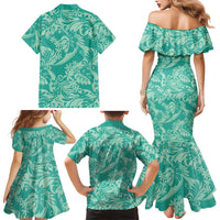 Tahiti Teal Tiare Floral Family Matching Mermaid Dress and Hawaiian Shirt Monstera Palm Tropical Leaves - Polynesian Pride