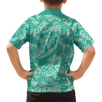Tahiti Teal Tiare Floral Family Matching Off The Shoulder Long Sleeve Dress and Hawaiian Shirt Monstera Palm Tropical Leaves - Polynesian Pride