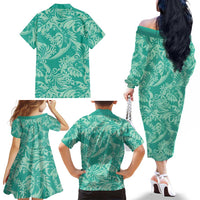 Tahiti Teal Tiare Floral Family Matching Off The Shoulder Long Sleeve Dress and Hawaiian Shirt Monstera Palm Tropical Leaves - Polynesian Pride