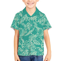 Tahiti Teal Tiare Floral Family Matching Off Shoulder Maxi Dress and Hawaiian Shirt Monstera Palm Tropical Leaves - Polynesian Pride