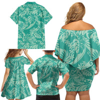 Tahiti Teal Tiare Floral Family Matching Off Shoulder Short Dress and Hawaiian Shirt Monstera Palm Tropical Leaves - Polynesian Pride