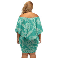 Tahiti Teal Tiare Floral Family Matching Off Shoulder Short Dress and Hawaiian Shirt Monstera Palm Tropical Leaves - Polynesian Pride