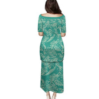 Tahiti Teal Tiare Floral Family Matching Puletasi and Hawaiian Shirt Monstera Palm Tropical Leaves - Polynesian Pride
