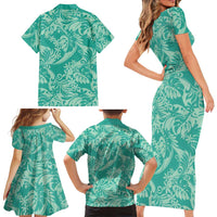 Tahiti Teal Tiare Floral Family Matching Short Sleeve Bodycon Dress and Hawaiian Shirt Monstera Palm Tropical Leaves - Polynesian Pride