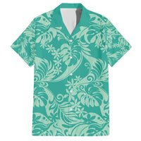 Tahiti Teal Tiare Floral Family Matching Short Sleeve Bodycon Dress and Hawaiian Shirt Monstera Palm Tropical Leaves - Polynesian Pride
