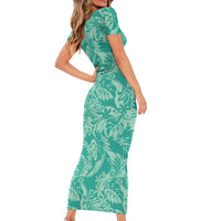 Tahiti Teal Tiare Floral Family Matching Short Sleeve Bodycon Dress and Hawaiian Shirt Monstera Palm Tropical Leaves - Polynesian Pride