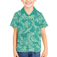Tahiti Teal Tiare Floral Family Matching Short Sleeve Bodycon Dress and Hawaiian Shirt Monstera Palm Tropical Leaves - Polynesian Pride