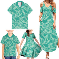 Tahiti Teal Tiare Floral Family Matching Summer Maxi Dress and Hawaiian Shirt Monstera Palm Tropical Leaves - Polynesian Pride